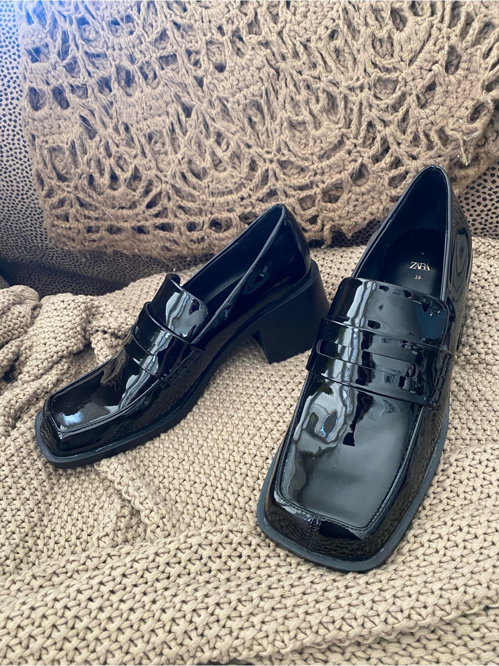 Zara patent black loafers 39 8 NEW